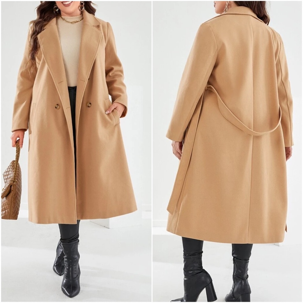 Plus Double Breasted Button up Belted Jacket Coat - Picture 7 of 9